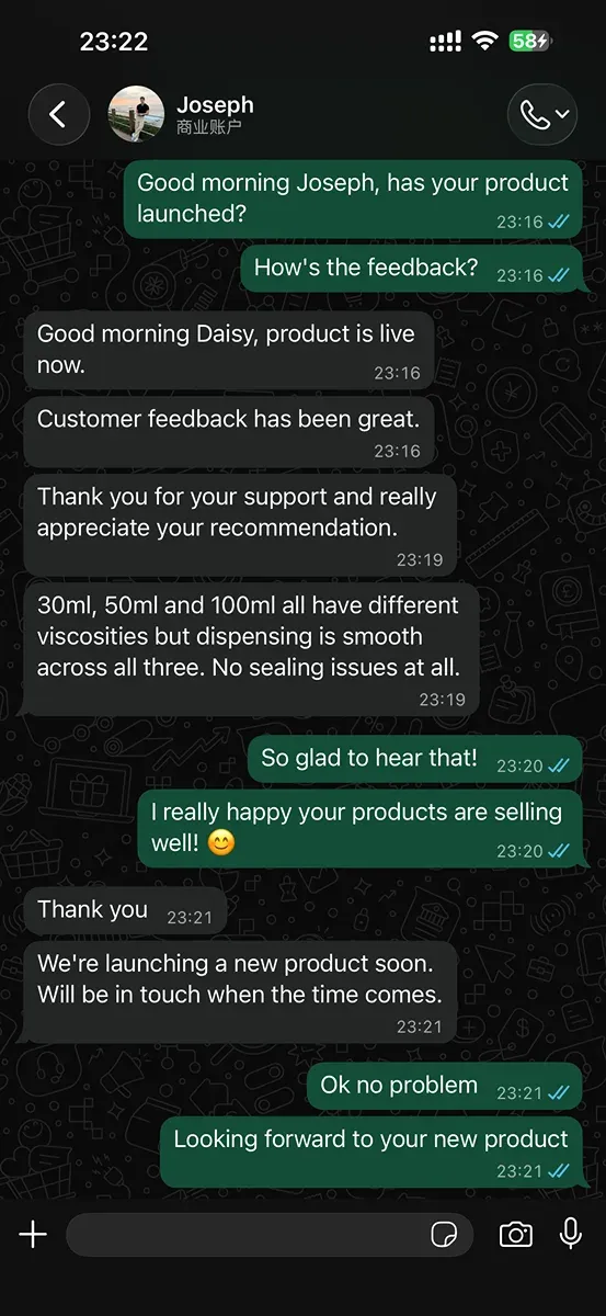 WhatsApp conversation with Joseph, premium skincare line operations manager from United Kingdom, confirming successful launch of sunscreen, cleanser and hand cream tubes with smooth dispensing and proactive QC. LumLun OEM client testimonial.