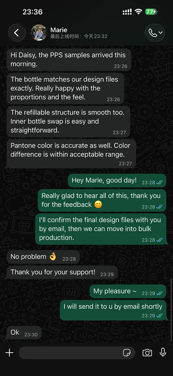 Smartphone screenshot of a dark mode WhatsApp chat where client Marie confirms the refillable skincare packaging matches design files