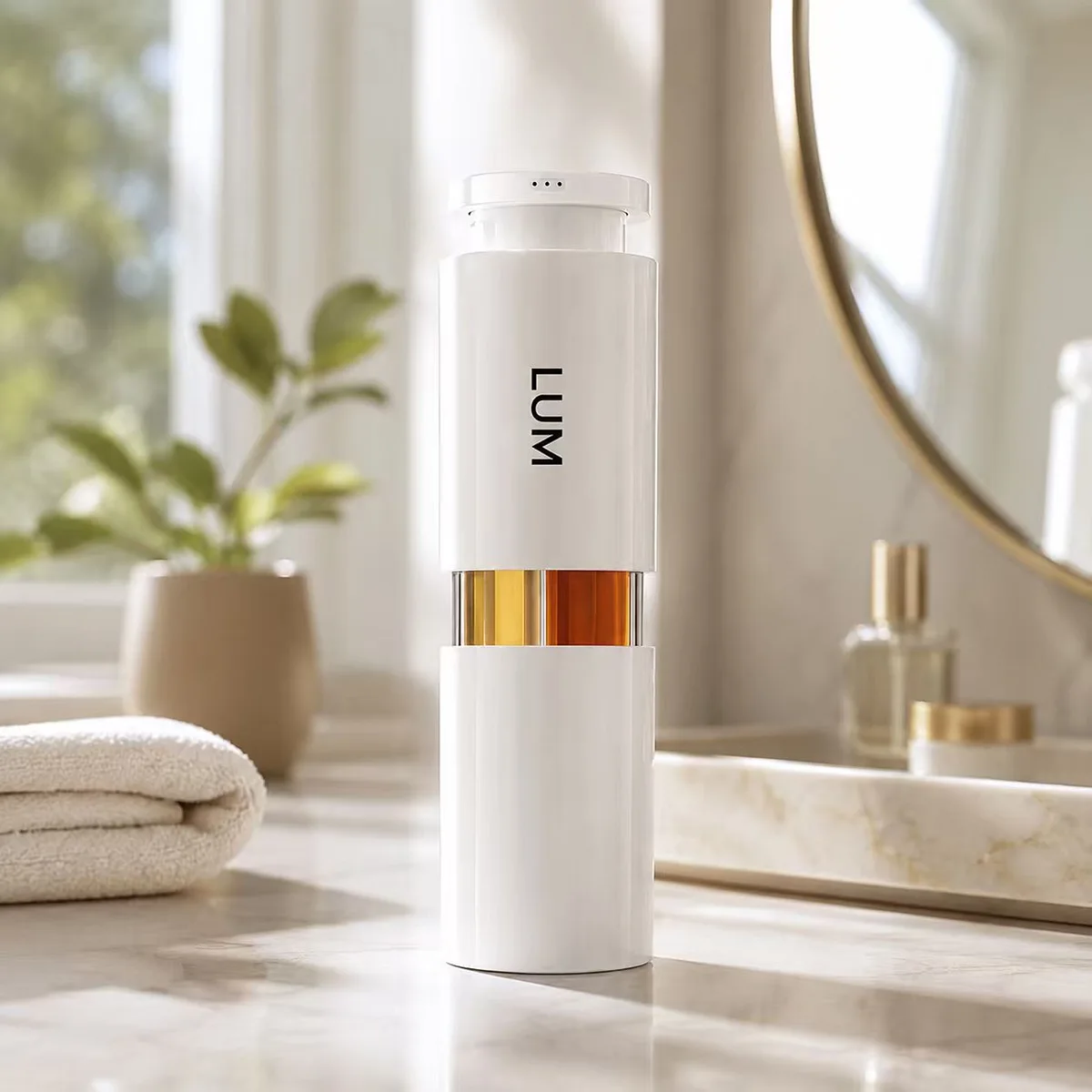 3-in-1 multi-chamber airless bottle on a premium bathroom vanity as part of a skincare routine