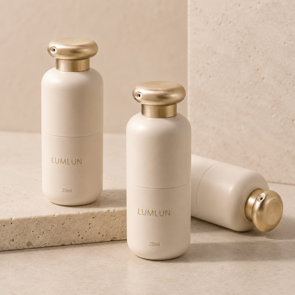 ABS airless pump bottle 20ml matte cream gold actuator three-bottle arrangement premium serum packaging OEM manufacturer