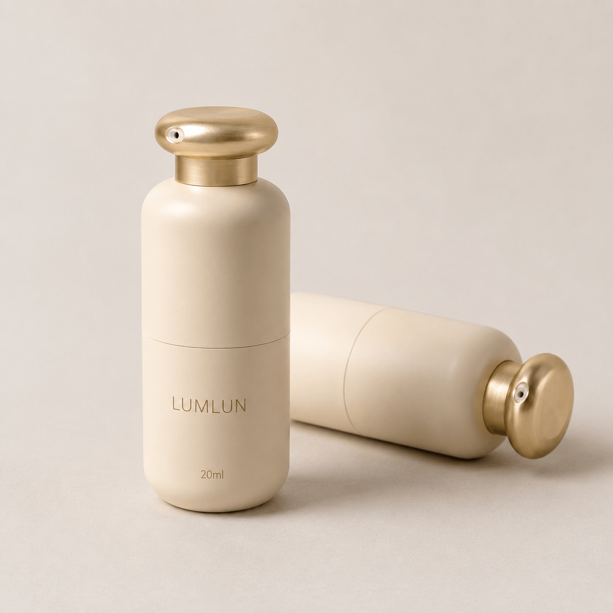 Custom 20ml ABS airless vacuum pump bottle matte beige body gold metallic actuator serum lotion OEM packaging two-bottle display
