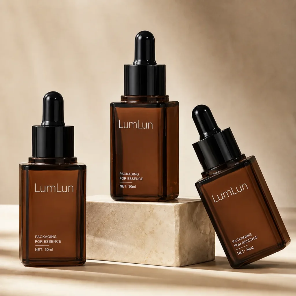 Three amber square PETG dropper bottles 30ml custom logo packaging for essential oil and serum brands