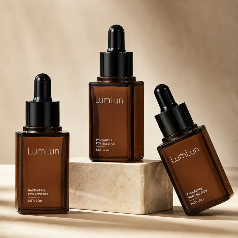 Three amber square PETG dropper bottles 30ml custom logo packaging for essential oil and serum brands
