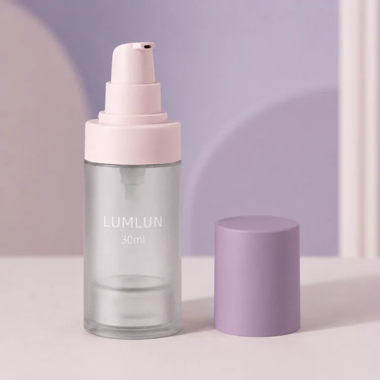 Clear PP airless pump bottle 30ml transparent cylinder body pink pump head purple overcap removed showing pump mechanism skincare OEM custom packaging