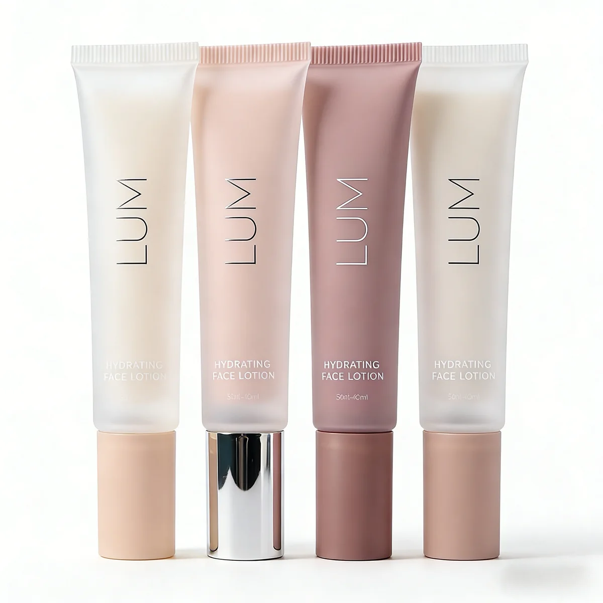 Cosmetic tube cap style comparison — screw cap, pump head, and flip cap options for face lotion and skincare products
