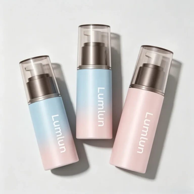 Three custom blue and pink gradient AS airless bottles with white Lumlun branding logo