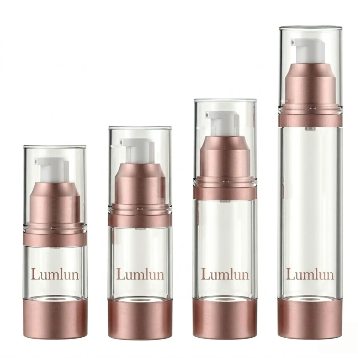 Clear AS airless pump bottles with rose gold metallic finish from 15ml to 50ml