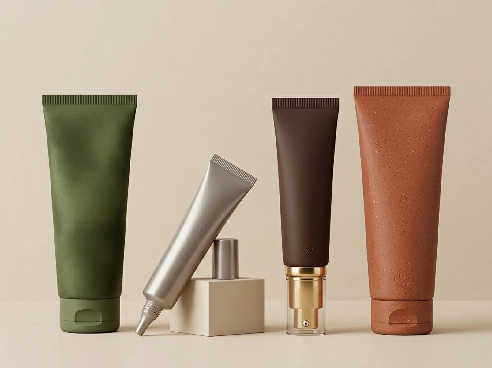 Custom cosmetic squeeze tubes in multiple cap styles including flip cap nozzle tip and pump head for skincare packaging