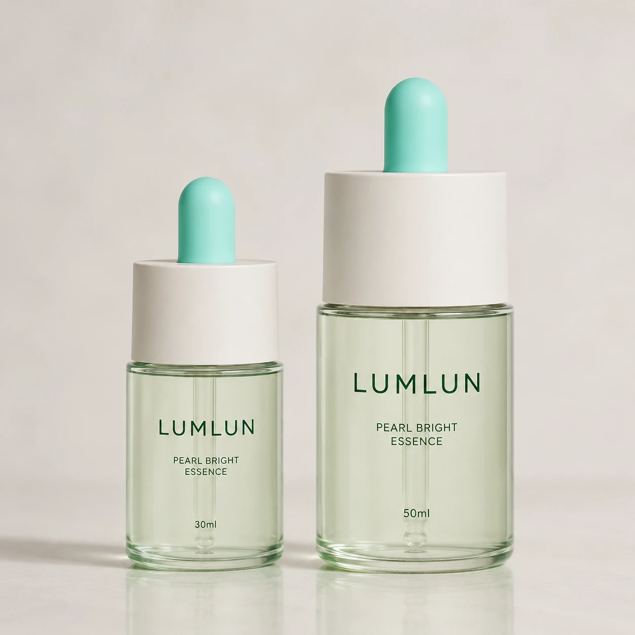 Custom round shoulder PETG dropper bottle 30ml 50ml tinted green body white cap teal rubber bulb two-bottle set serum essential oil OEM skincare packaging