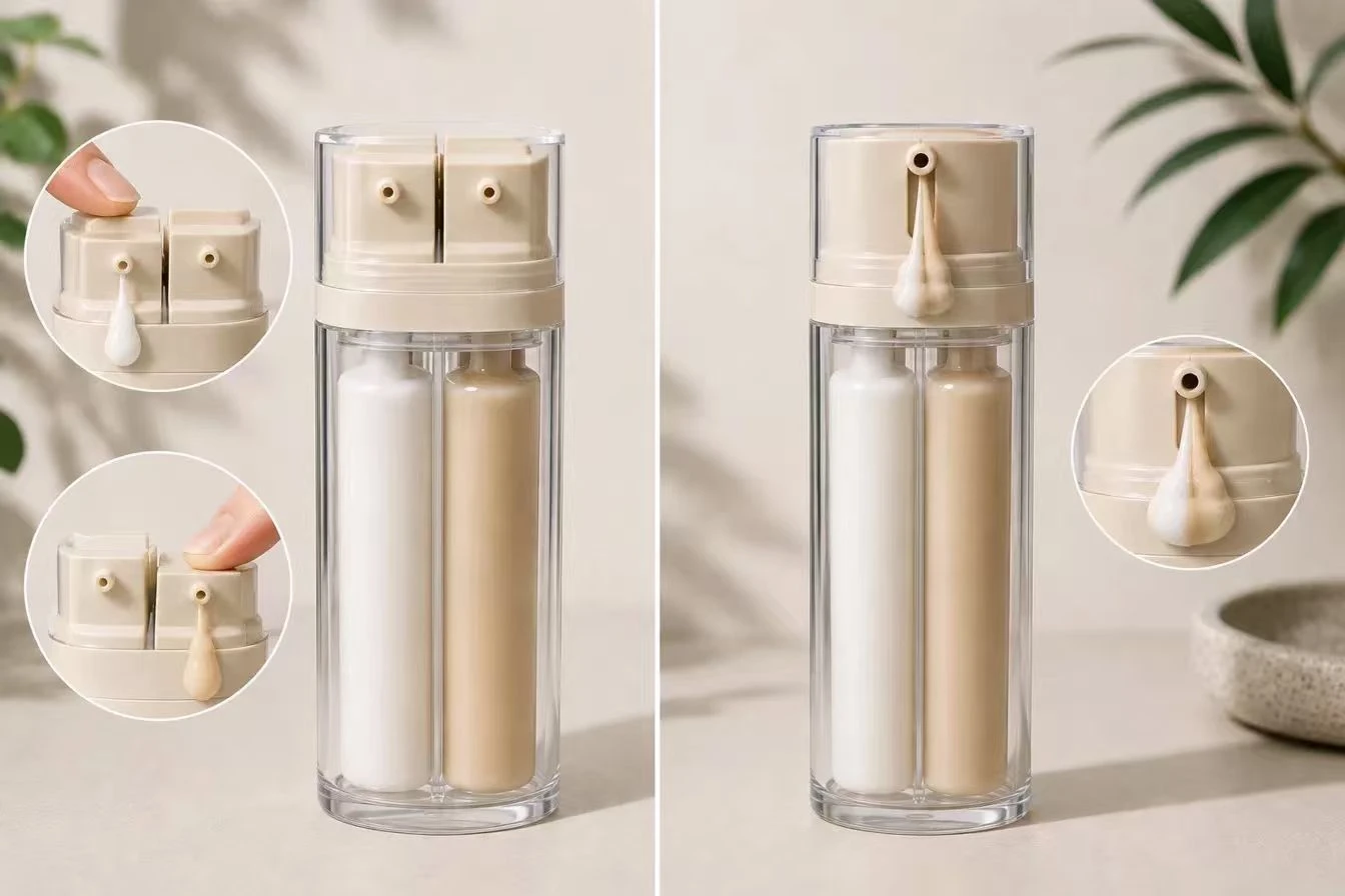 Two Lumlun dual chamber airless bottles side by side: separate dual pump heads design on the left versus single 2-in-1 shared pump head design on the right