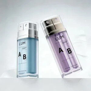 Custom dual chamber airless pump bottles in blue and purple colorways with A and B chamber labeling, showing separate pump head design