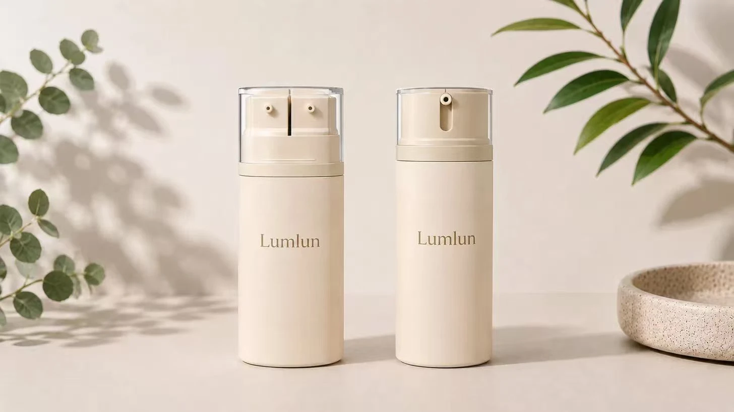 Dual chamber airless bottle dispensing comparison: separate pump design dispensing two formulas independently from two nozzles (left) versus 2-in-1 design dispensing both formulas simultaneously through one shared outlet (right)