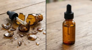 A side-by-side comparison showing a shattered amber glass dropper bottle with oil spill and a durable, intact amber PETG dropper bottle on a wooden surface.