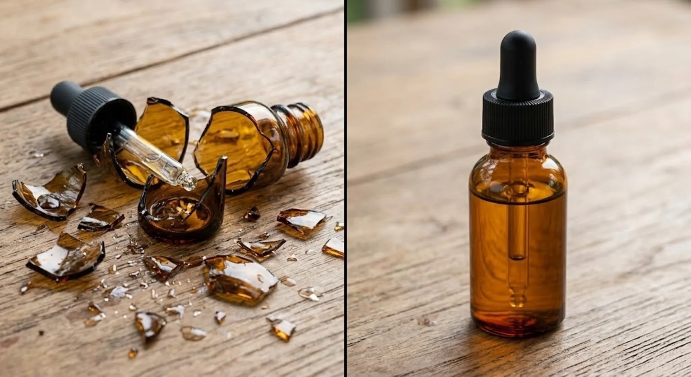Shattered amber glass vs durable PETG dropper bottle comparison