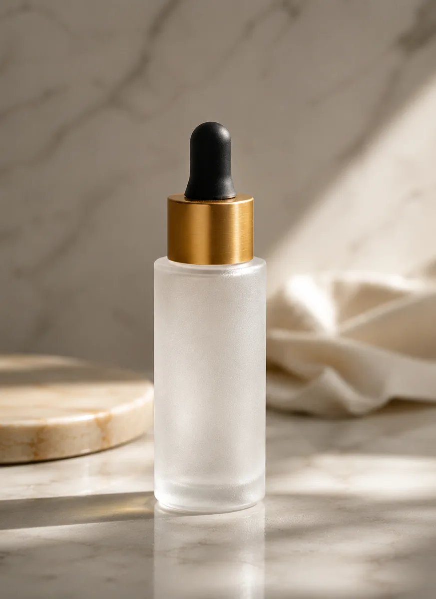 Blank frosted glass dropper bottle with brushed gold metal collar and matte black silicone bulb on marble surface — custom luxury skincare serum packaging