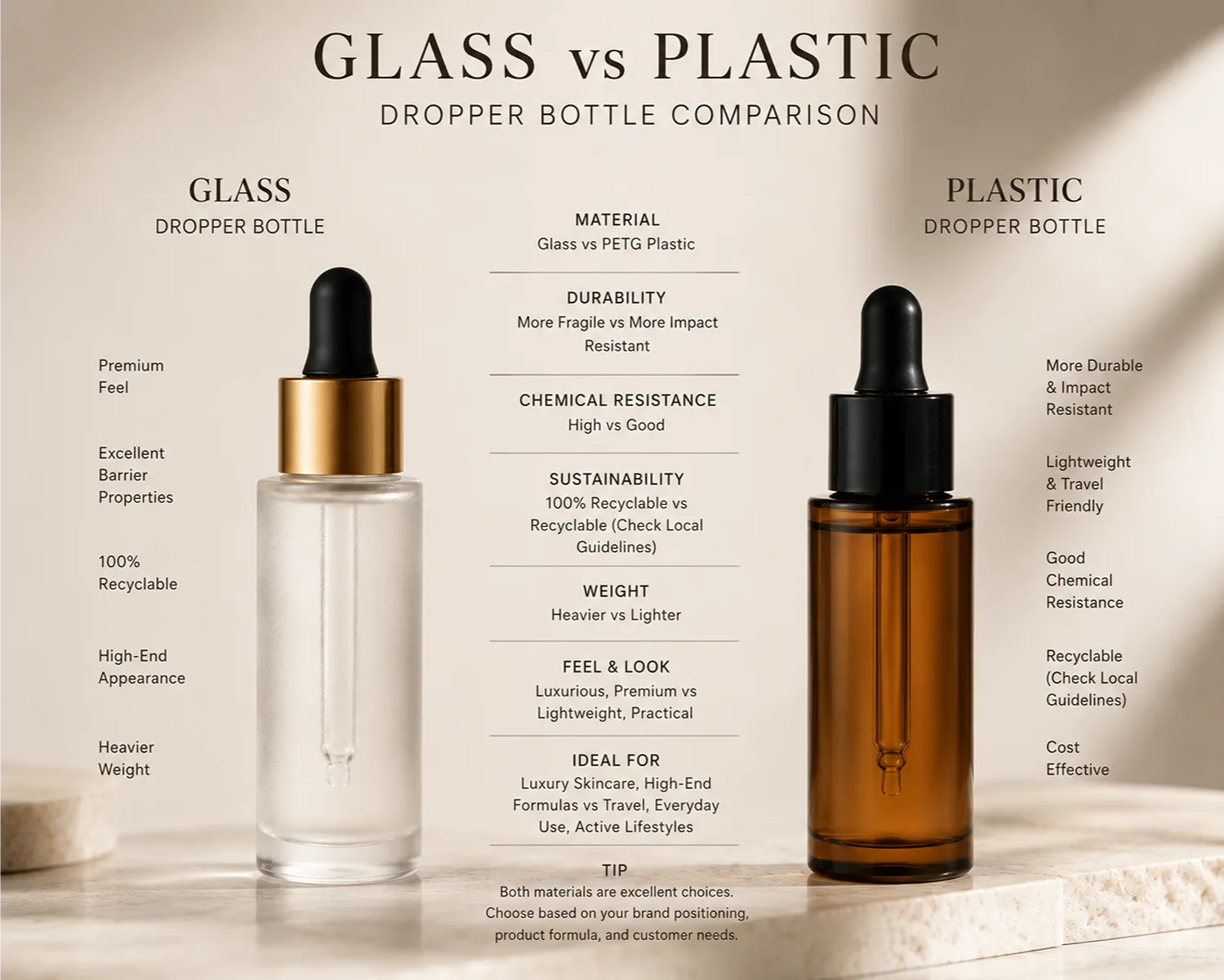 Infographic comparing glass and plastic dropper bottles for skincare brands — material, durability, chemical resistance, sustainability, weight and ideal use cases side by side