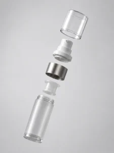 Exploded view of LumLun airless pump bottle components: AS cover, PP actuator, aluminum decorative band, PE piston, and AS bottle body