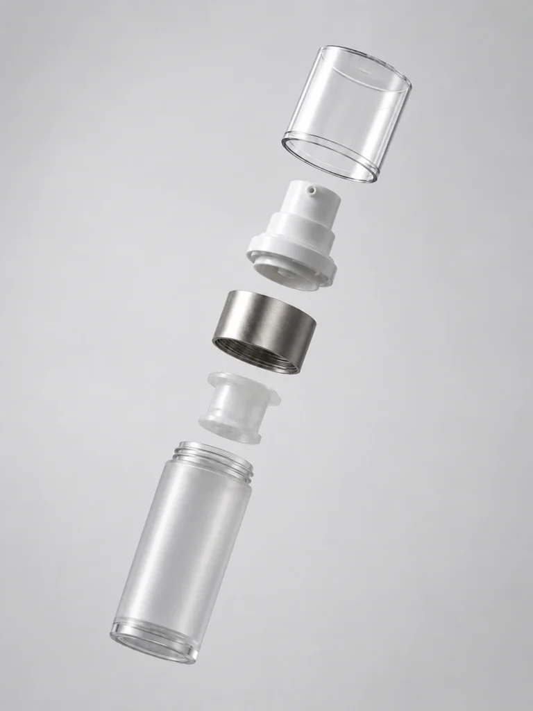 Exploded view of LumLun airless pump bottle components: AS cover, PP actuator, aluminum decorative band, PE piston, and AS bottle body