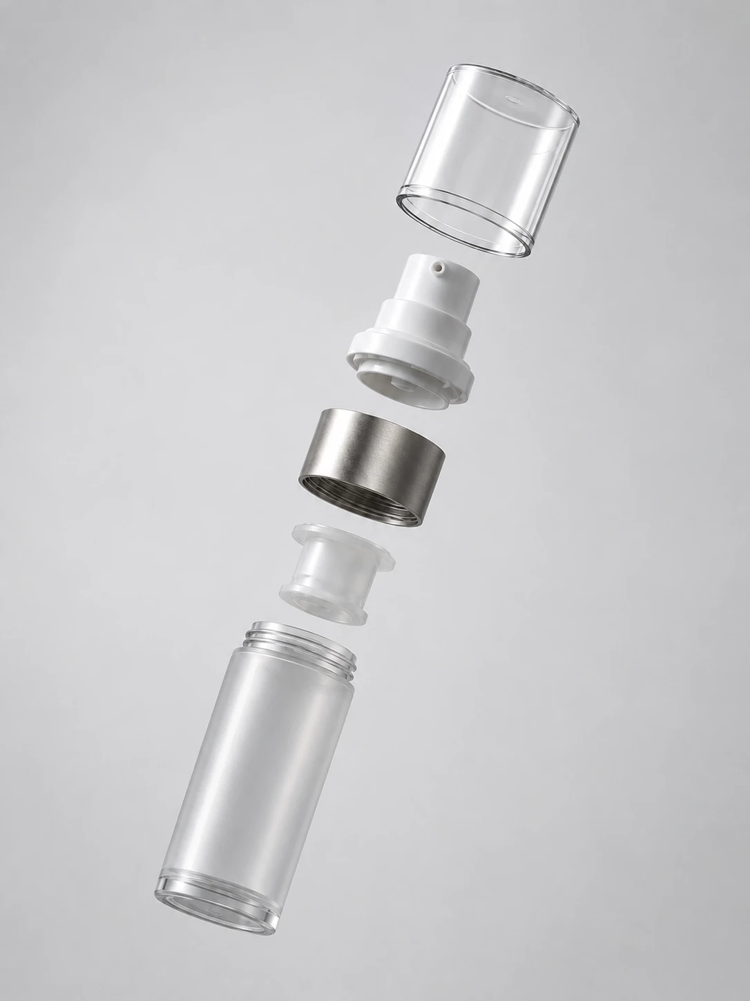 Exploded view of LumLun airless pump bottle components: AS cover, PP actuator, aluminum decorative band, PE piston, and AS bottle body