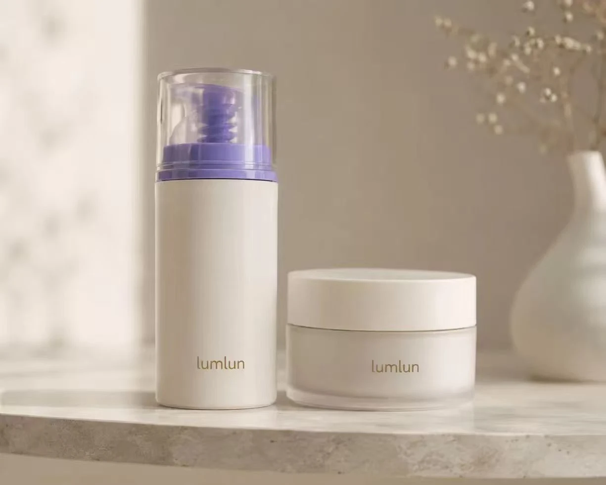 LumLun airless pump bottle and cream jar side by side — two packaging options for moisturizer and face cream formulas
