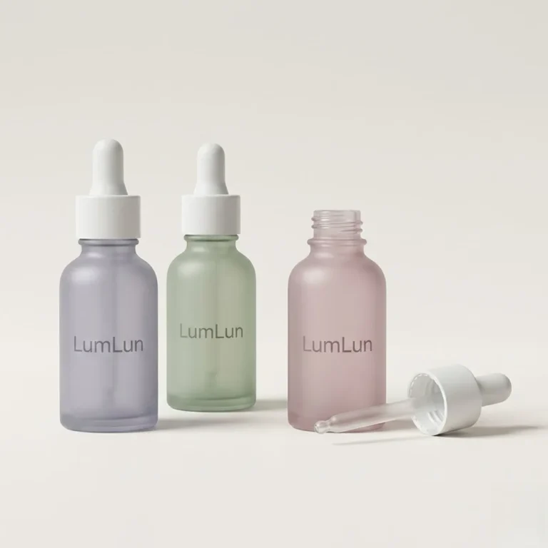 Three frosted colored glass dropper bottles in lavender, sage green, and blush pink with white rubber bulb droppers, round shoulder cylinder shape, one bottle open with dropper removed, LumLun OEM custom serum and essential oil packaging 30ml 50ml