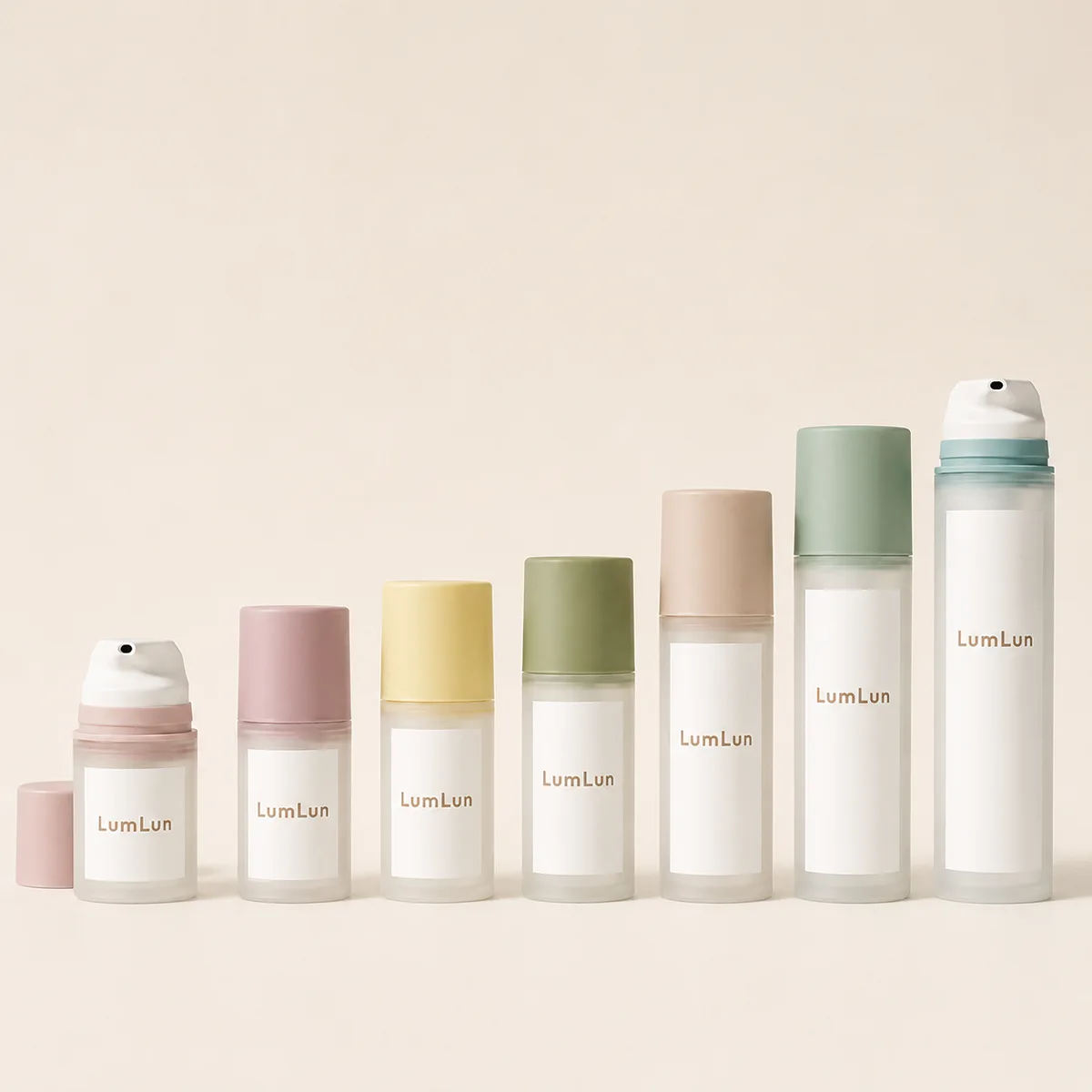 Seven frosted PP airless pump bottles in ascending height order — 30ml to 200ml — with pink, purple, yellow, olive green, peach, sage green, and teal colored collars and matching caps, frosted white body, LumLun OEM custom airless serum lotion cleanser packaging range