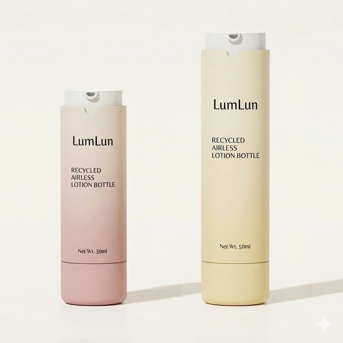 Two gradient refillable airless pump bottles side by side — rose pink 30ml and cream beige 50ml — both labeled "Recycled Airless Lotion Bottle" with LumLun branding on white background, OEM serum and lotion airless packaging