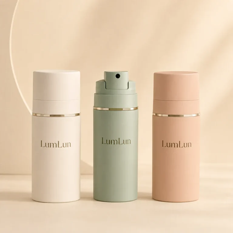 Three matte PP airless pump bottles in white, sage green, and blush pink with center bottle showing open pump head and gold accent ring, LumLun OEM custom airless skincare bottle series