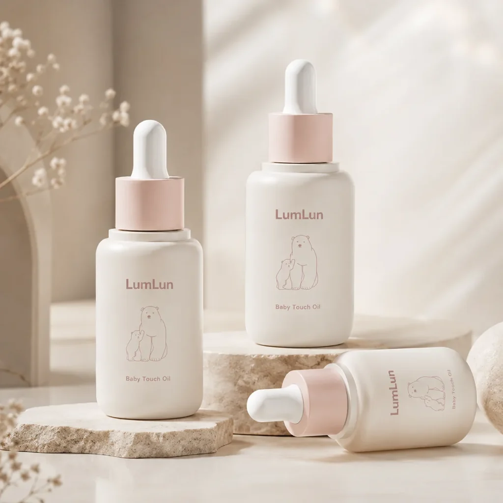 Three LumLun thick-wall PETG dropper bottles in 15ml, 30ml, and 50ml with frosted off-white matte spray coating, polar bear mother and cub line illustration, blush pink dropper caps and white glass pipette droppers, displayed on stone platforms with dried flowers background — OEM custom PETG serum