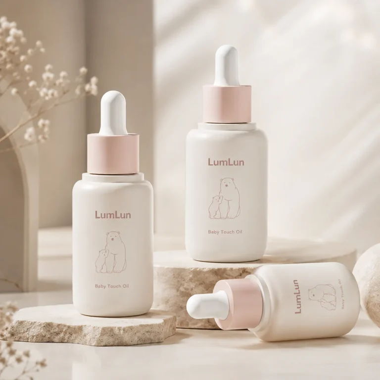 Three LumLun thick-wall PETG dropper bottles in 15ml, 30ml, and 50ml with frosted off-white matte spray coating, polar bear mother and cub line illustration, blush pink dropper caps and white glass pipette droppers, displayed on stone platforms with dried flowers background — OEM custom PETG serum