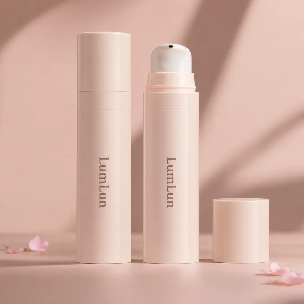 Two blush pink full-PP travel size airless pump bottles — 5ml to 15ml — one capped and one with dome pump head exposed, LumLun OEM custom serum and lotion packaging
