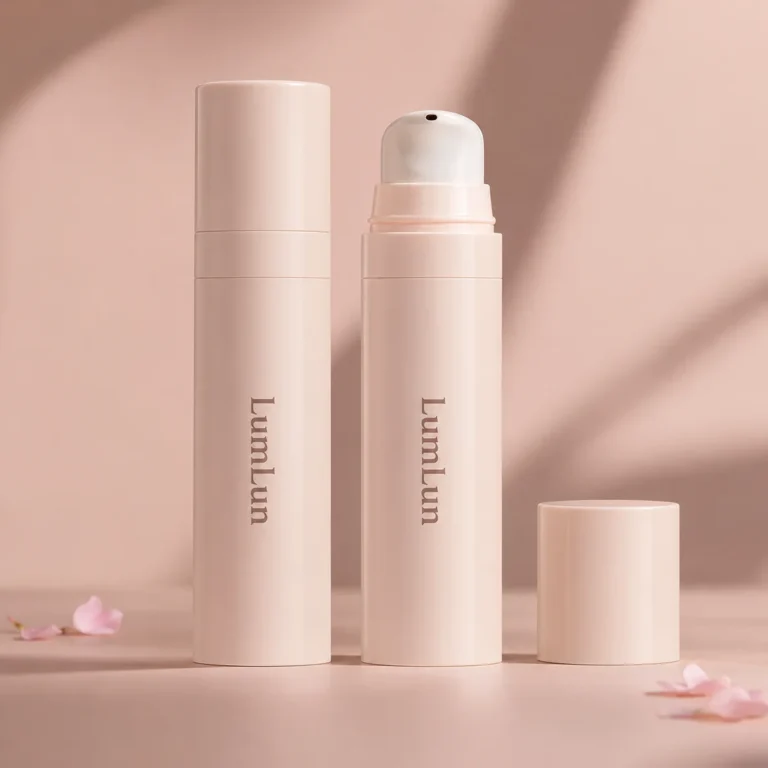 Two blush pink full-PP travel size airless pump bottles — 5ml to 15ml — one capped and one with dome pump head exposed, LumLun OEM custom serum and lotion packaging