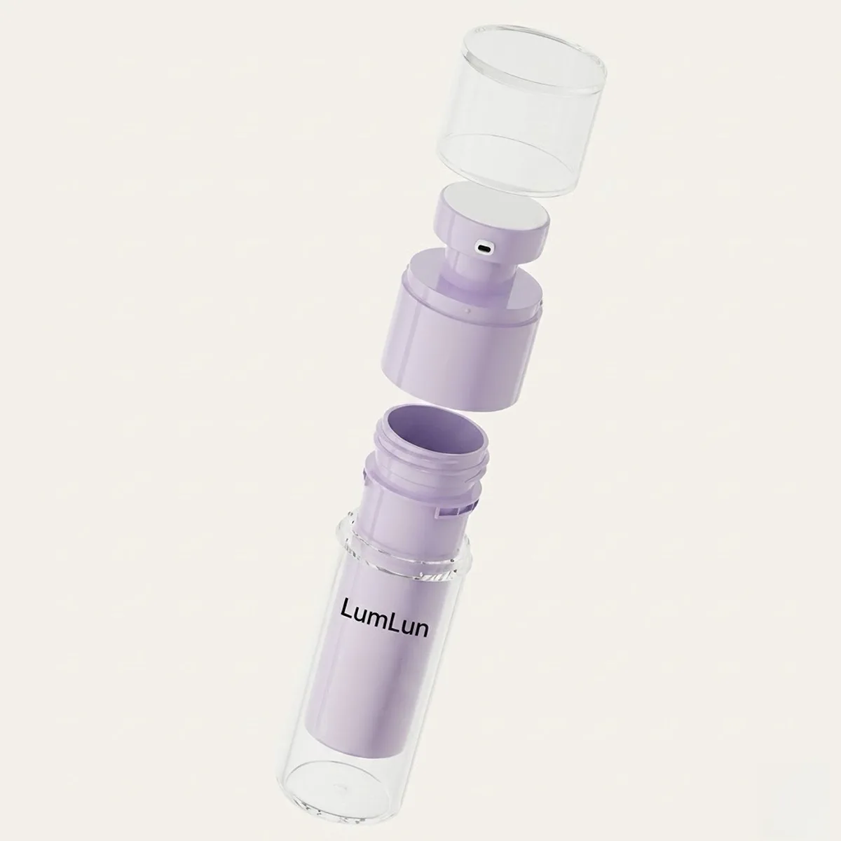 Exploded view of LumLun clear outer shell replaceable airless bottle showing separated PS transparent cylindrical cap, lavender PP airless pump inner core with side nozzle, and clear PS outer shell cylinder — 30ml or 50ml OEM serum lotion packaging with replaceable inner system