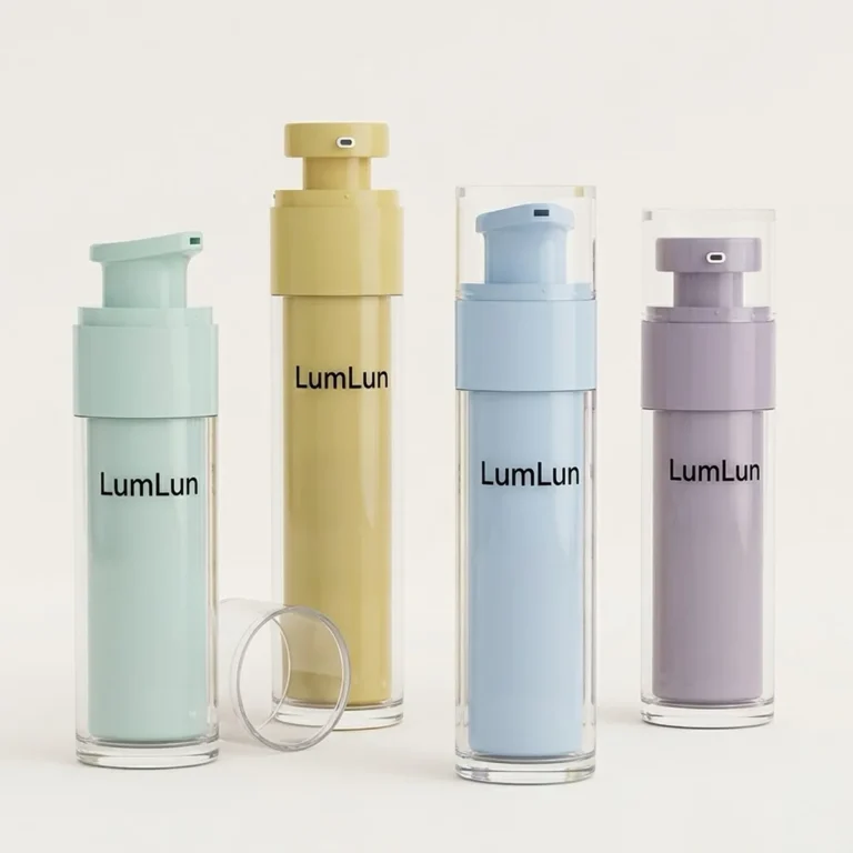 Four LumLun clear PS outer shell replaceable airless bottles in a row showing sage green, mustard yellow, sky blue, and lavender PP inner cores visible through transparent outer wall, with detached clear base ring beside first bottle, OEM custom colored inner airless bottle for serum and lotion skincare brands