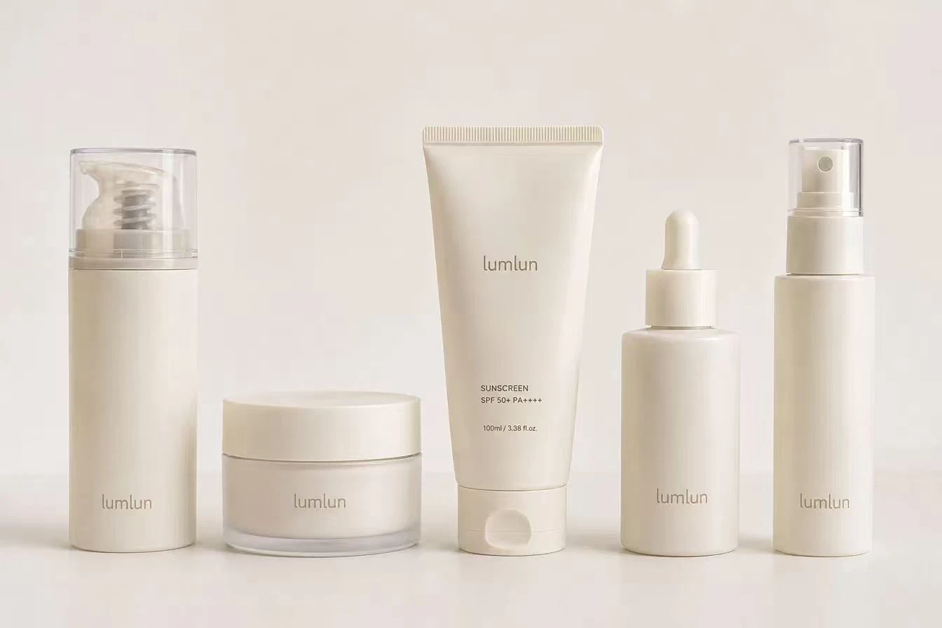 Five skincare packaging types from LumLun — airless pump bottle, cream jar, cosmetic tube, dropper bottle, and fine mist spray on warm neutral background