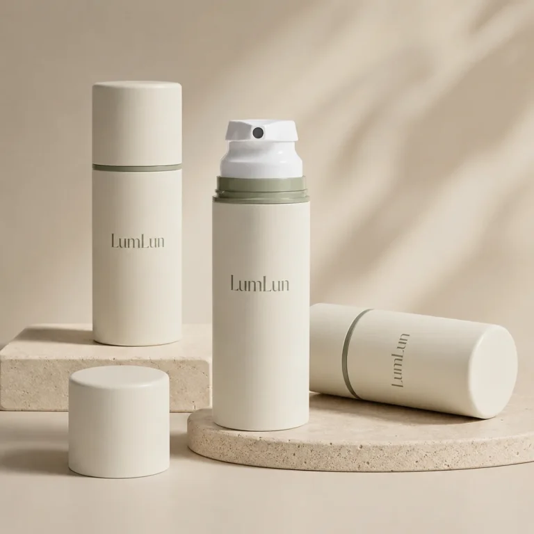 Three matte cream-white two-tone PP airless pump bottles with sage green accent ring and square pump head — 30ml to 200ml OEM lotion and treatment cream packaging series, LumLun custom skincare packaging