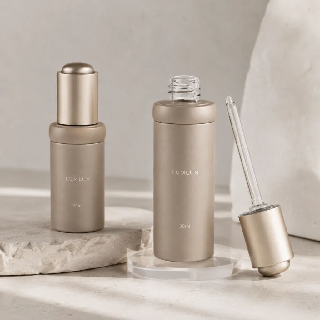 Ball top dropper bottle 20ml 30ml matte champagne gold PETG PP custom OEM serum packaging