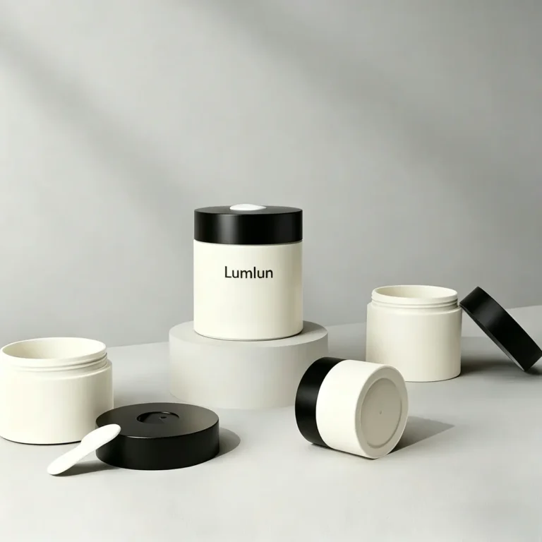 Exploded view of 100% PP recyclable skincare jar with inner liner and applicator