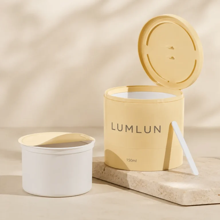 PP refillable cream jar 150ml with flip top lid open and inner cup beside outer shell