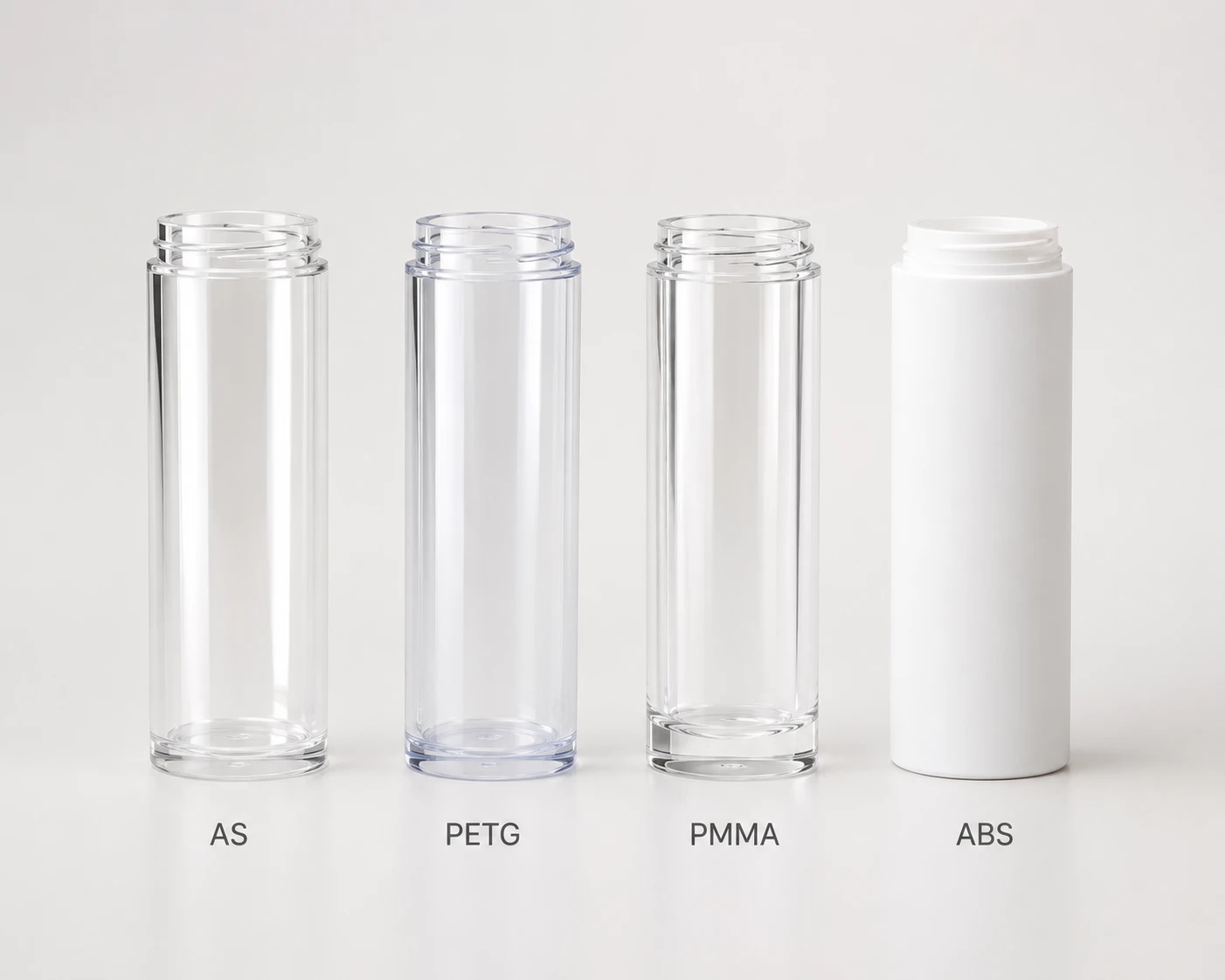 Refillable airless bottle outer shell materials comparison: AS, PETG, PMMA, and ABS side by side