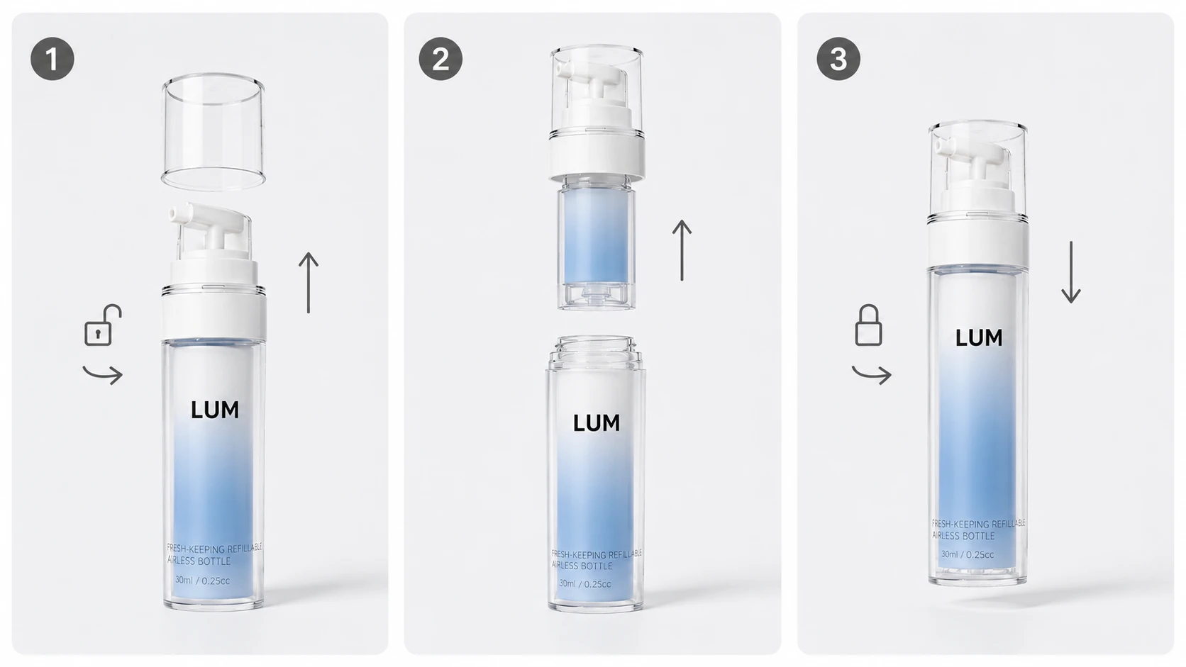 Three steps to swap refillable airless bottle inner bottle — release, remove, insert