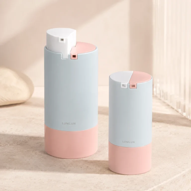 Rotary dual chamber lotion bottle 15ml 30ml pair ABS cylinder blue gray body pink base twist-switch lid serum duo AB formula OEM skincare packaging manufacturer