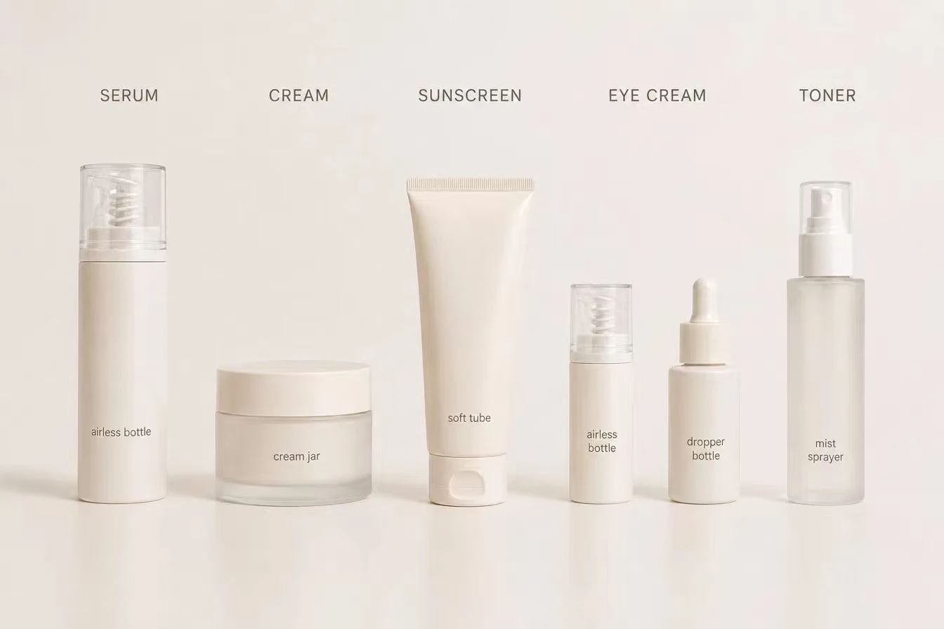 Skincare packaging decision guide by product type — serum with airless bottle, cream with cream jar, sunscreen with soft tube, eye cream with small airless or dropper, toner with mist sprayer