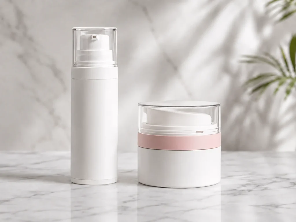 Airless bottle and airless jar side by side showing form factor differences for skincare brand OEM packaging decision