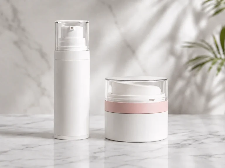 Airless bottle and airless jar side by side showing form factor differences for skincare brand OEM packaging decision