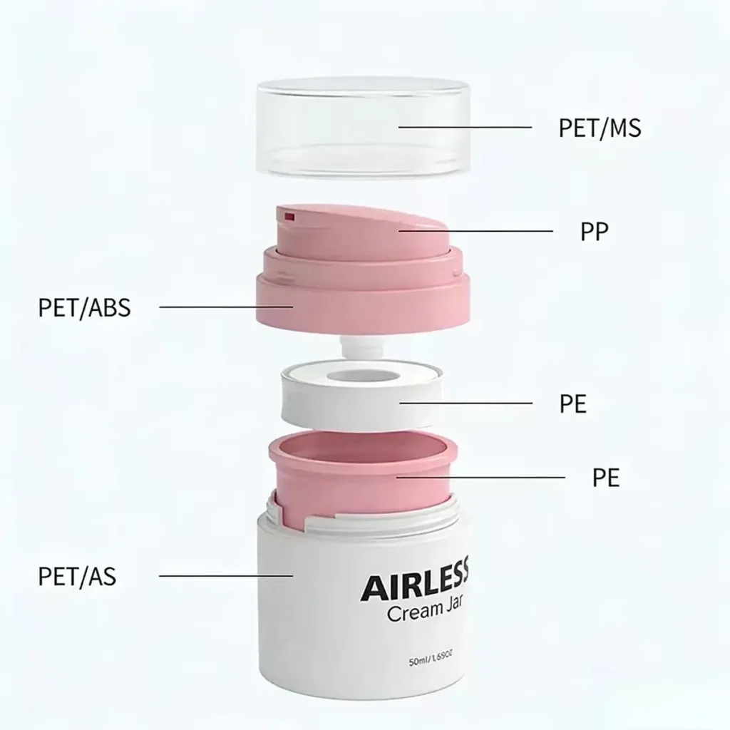 Exploded view of LumLun airless cream jar showing PET MS cap, PP pump head, PET ABS actuator, PE piston components and AS outer body