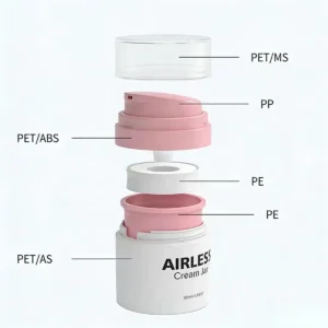 Exploded view of LumLun airless cream jar showing PET MS cap, PP pump head, PET ABS actuator, PE piston components and AS outer body