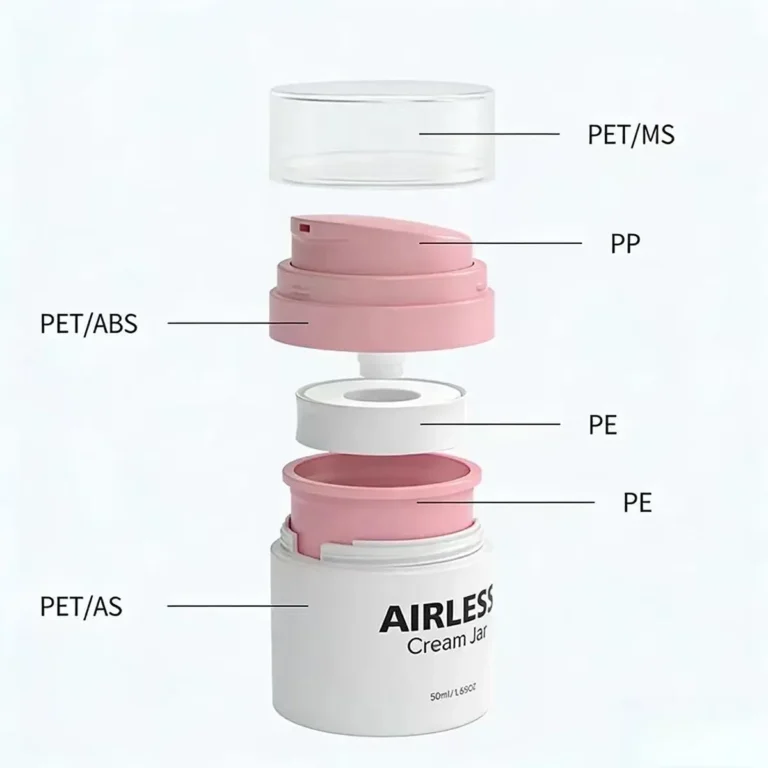 Exploded view of LumLun airless cream jar showing PET MS cap, PP pump head, PET ABS actuator, PE piston components and AS outer body
