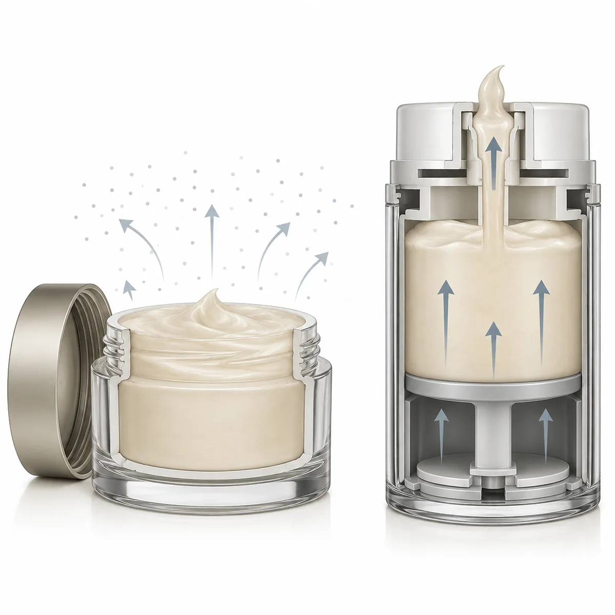 Cross-section showing airless jar piston pushing cream up versus traditional open jar exposed to air