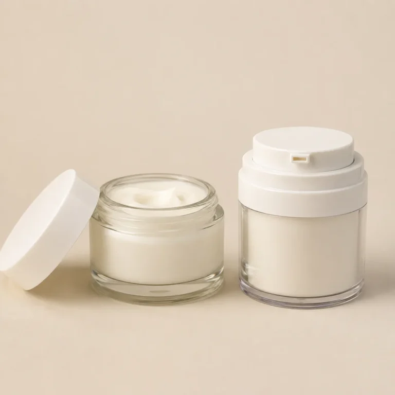 Traditional open screw-lid cream jar next to a modern airless pump jar for skincare comparison